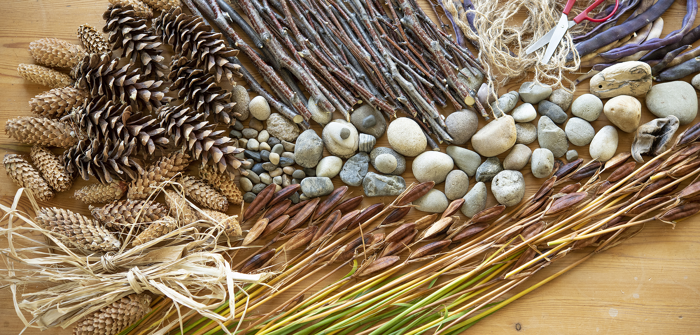 A collection of pine cones, twigs, stones, willow and straw seen from above, on a wooden table