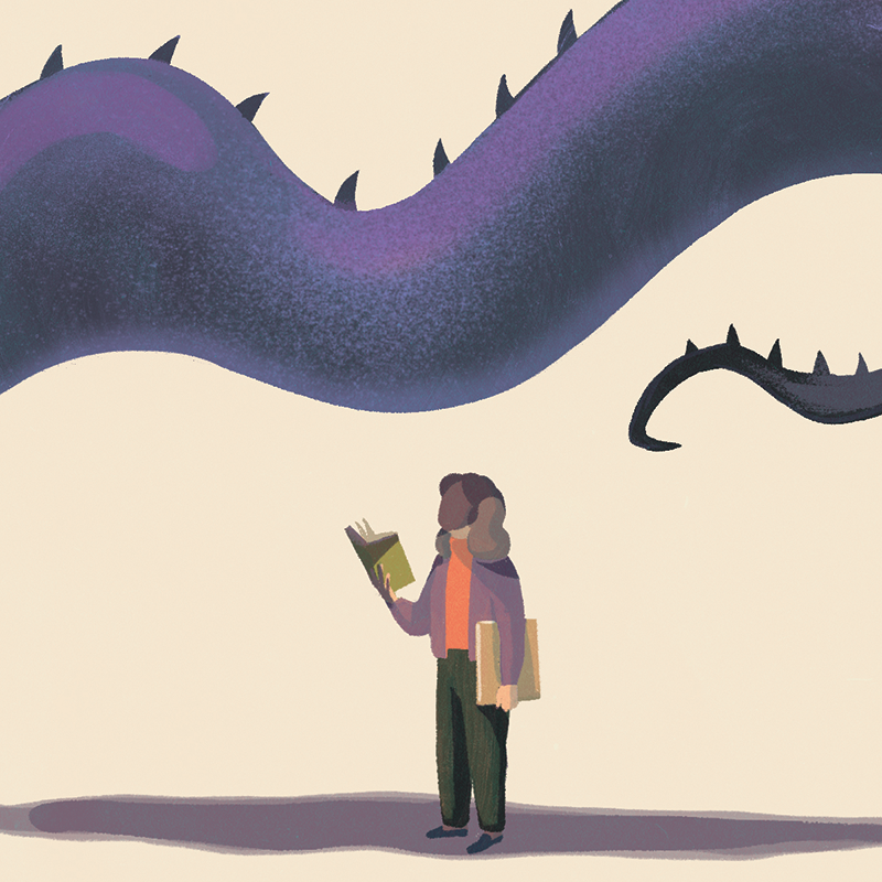 Illustration of a dragon's tail casting a shadow over a women reading a book.