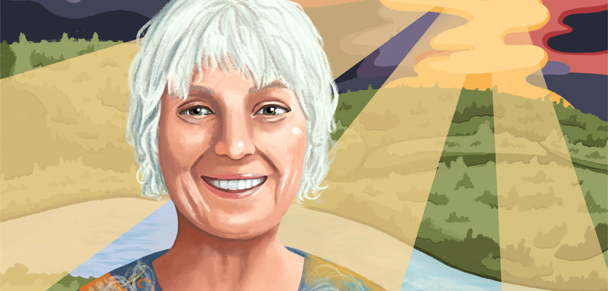 Illustration of women with short grey hair standing in front of a prairie field with the sun setting in the background.