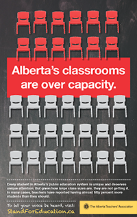 Poster with rows of chairs in red and white. The red indicating the over capacity of classrooms in Alberta.