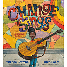 Colourful illustration of child holding an oversized guitar for the cover of the book Change Sings