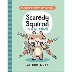 Turquoise illustrated cover of the Scaredy Squirrel