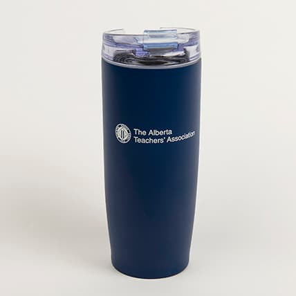 Blue coffee tumbler with white ATA logo