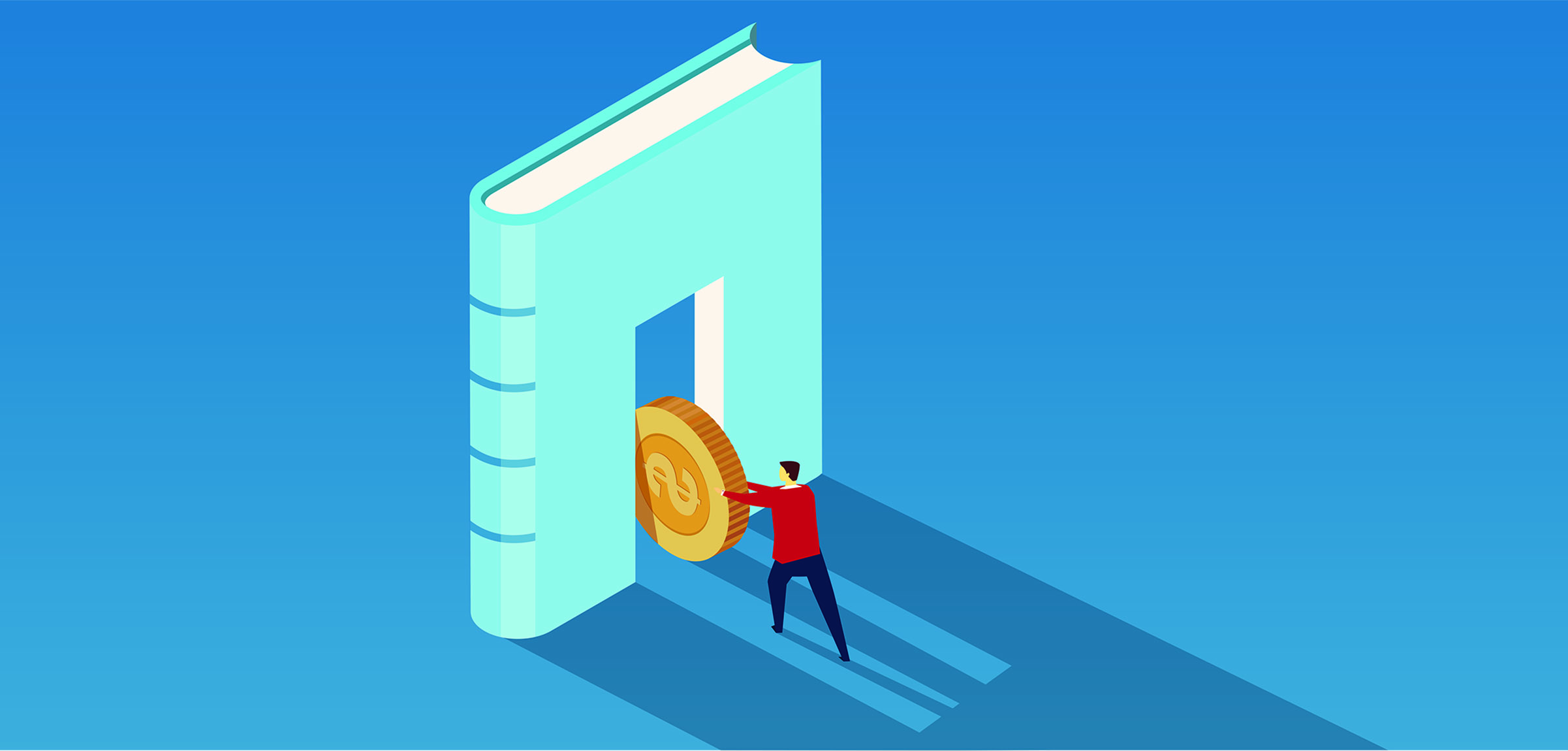 Illustration of a person pushing a coin through a standing book