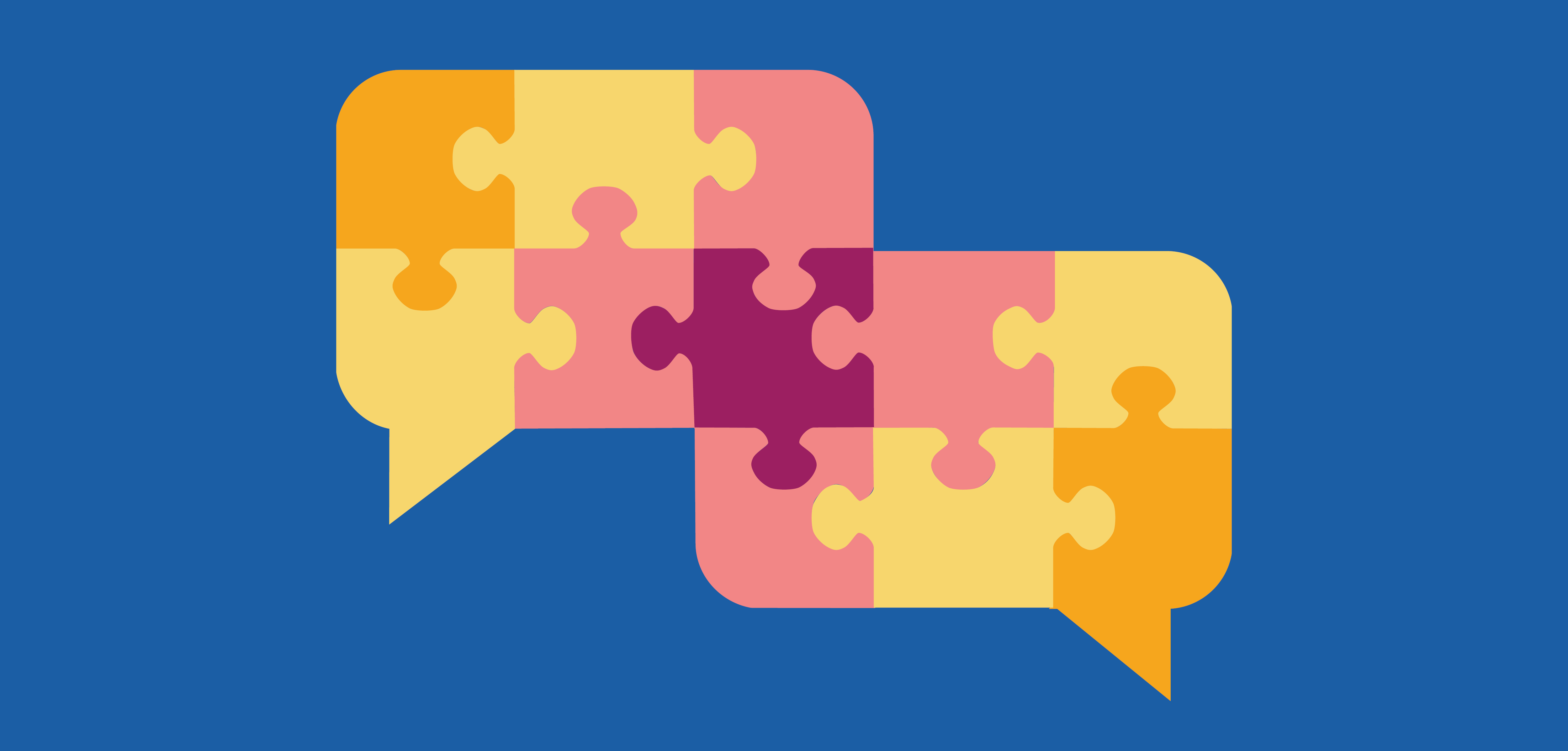 A blue background with two chat bubbles made with puzzle pieces of yellow, pink, orange and red.