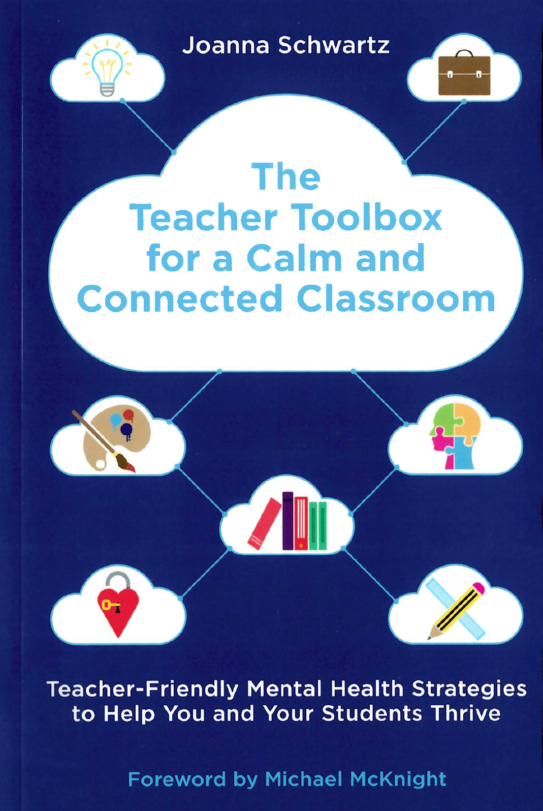 A book cover that is navy blue featuring icons in clouds and the title of the book, "The Teacher Toolbox for a Calm and Connected Classroom"