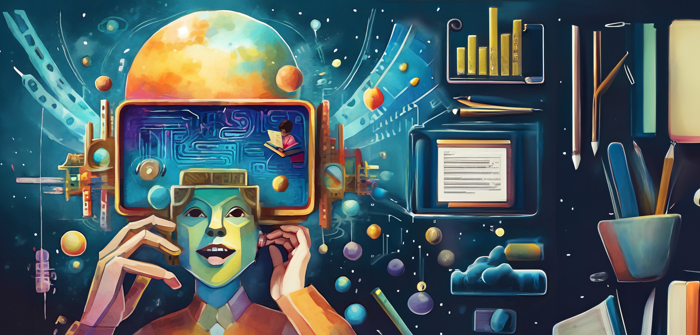 An illustration of a human-like being with a screen on their head. There are planets, pencils and graphs in the background.