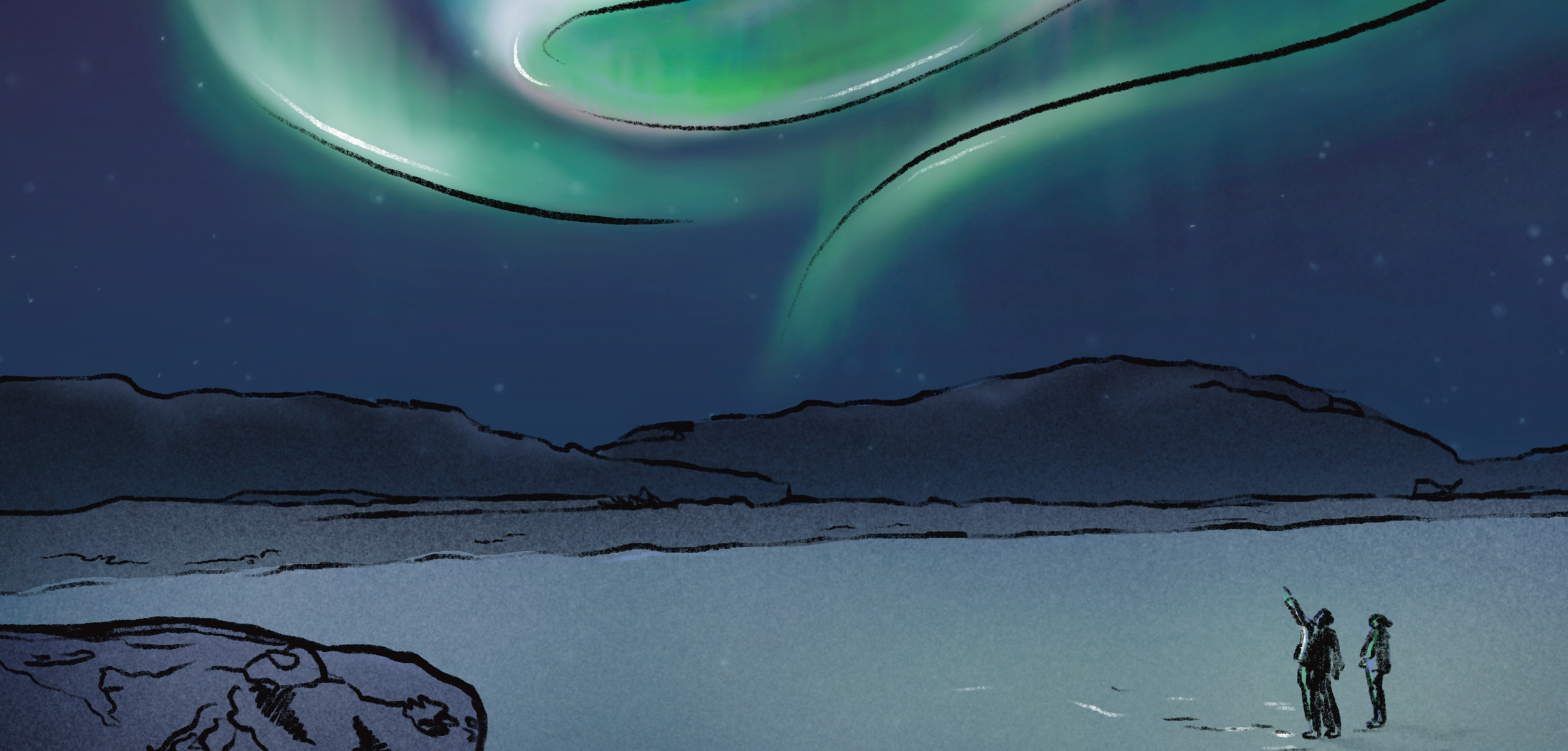 illustration of 2 people watching the aurora in the sky