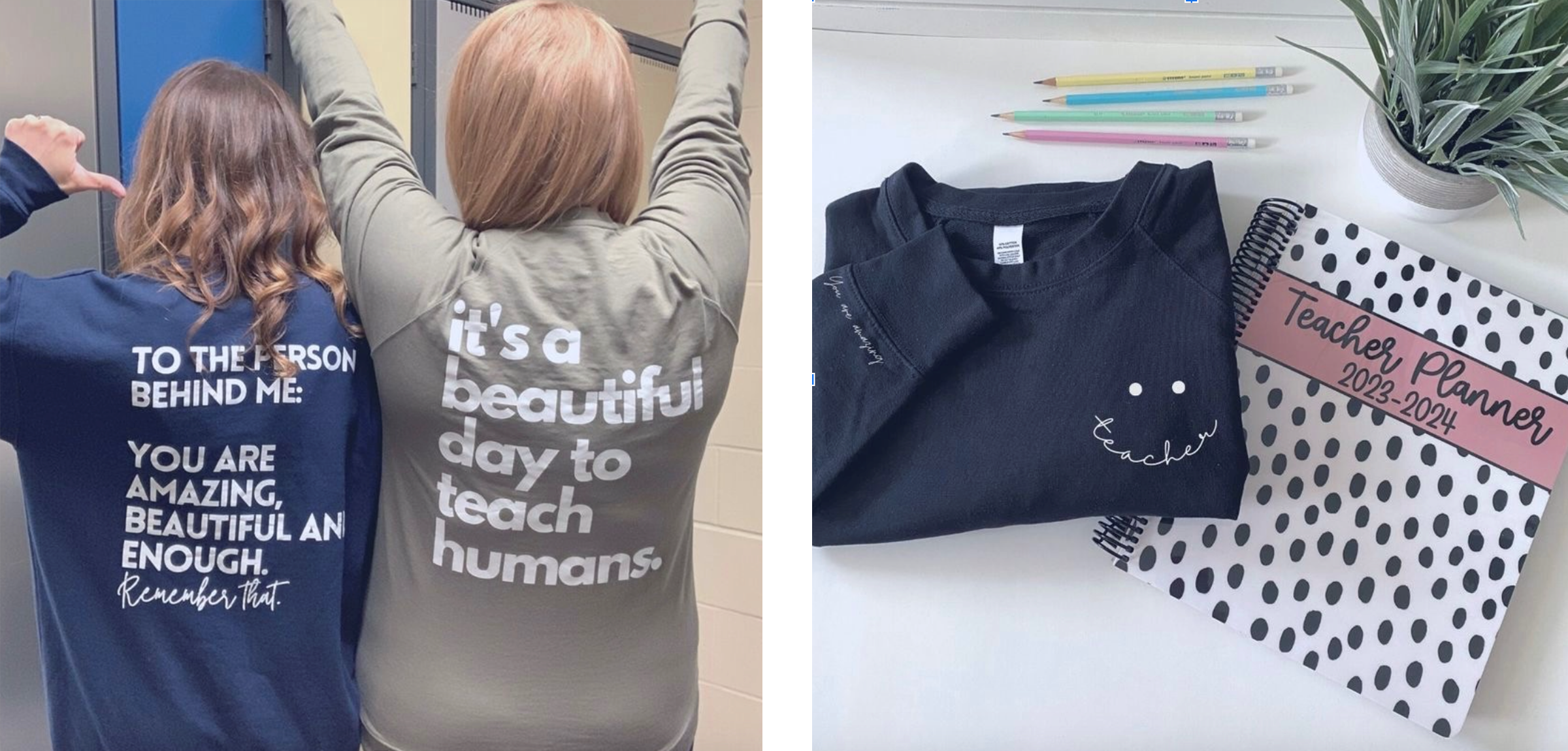 the backs of two people wearing t-shirts with creative phrases