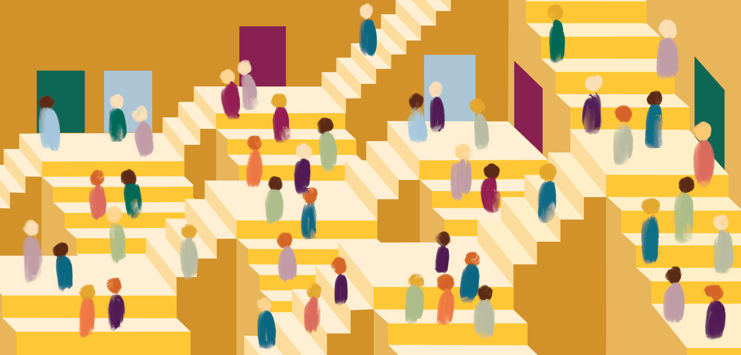Numerous people ascending and descending a maze of stairs