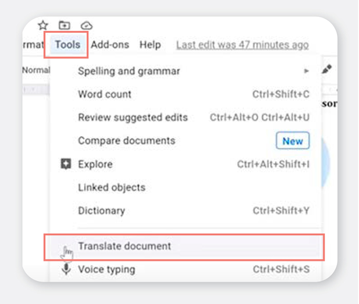 Screen shot of Google Education Suite translate tool