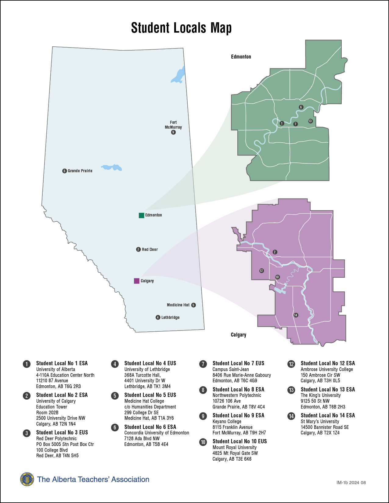 A map of Alberta displaying locations of all Student Locals