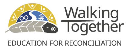 Walking together logo with a feather, metis symbol and inukshuk