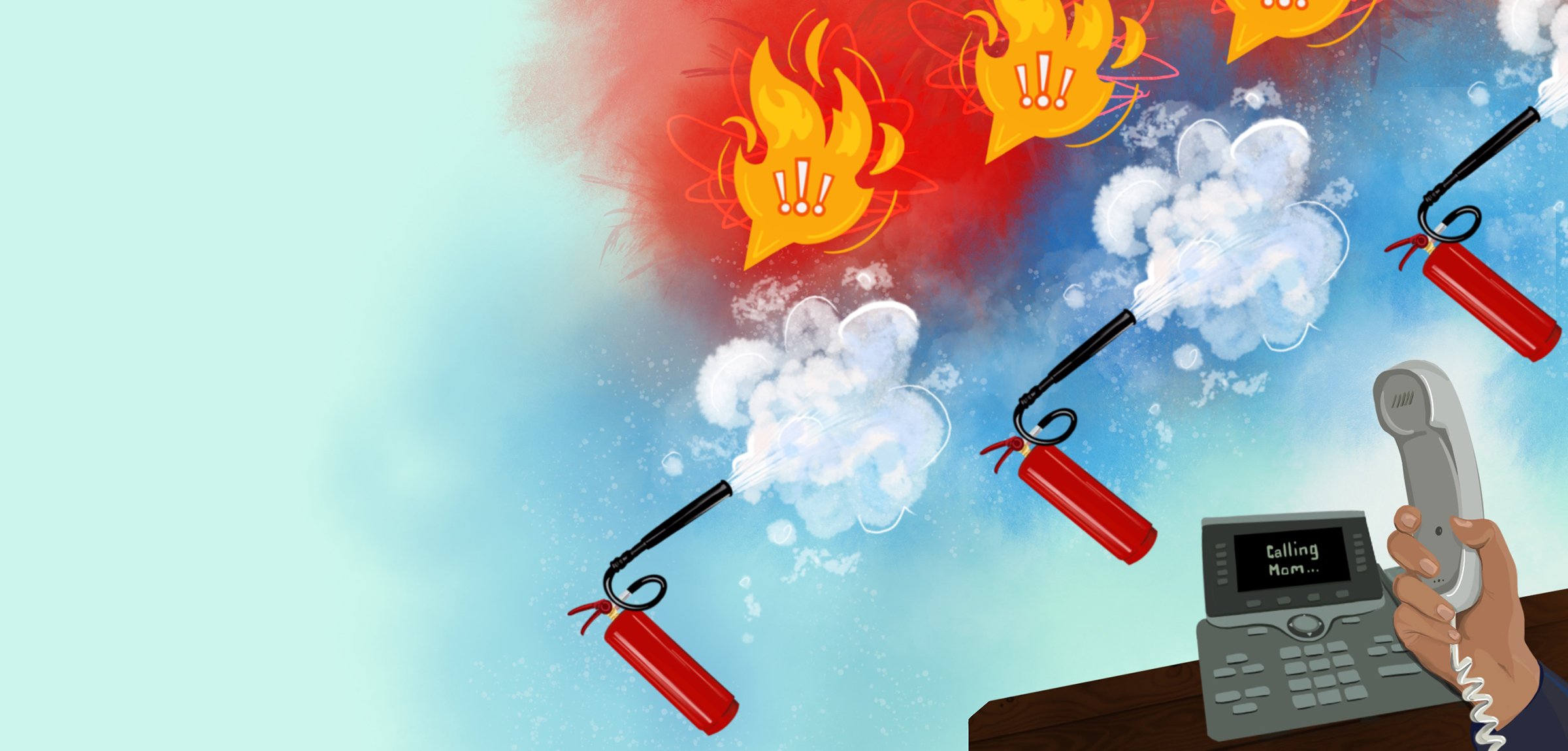 Cartoon image of fire extinguishers and a phone