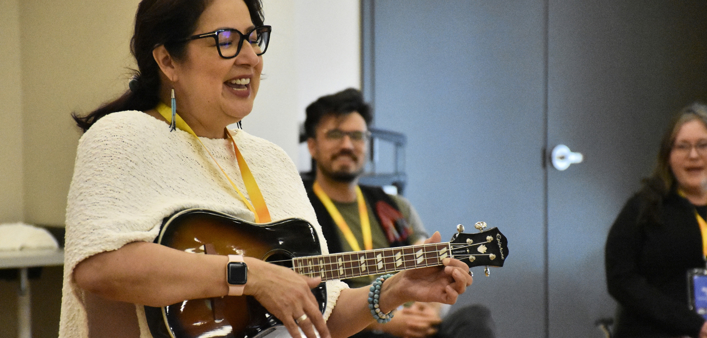 Cree music educator and artist Sherryl Sewepagaham engaged participants in a music-filled workshop.