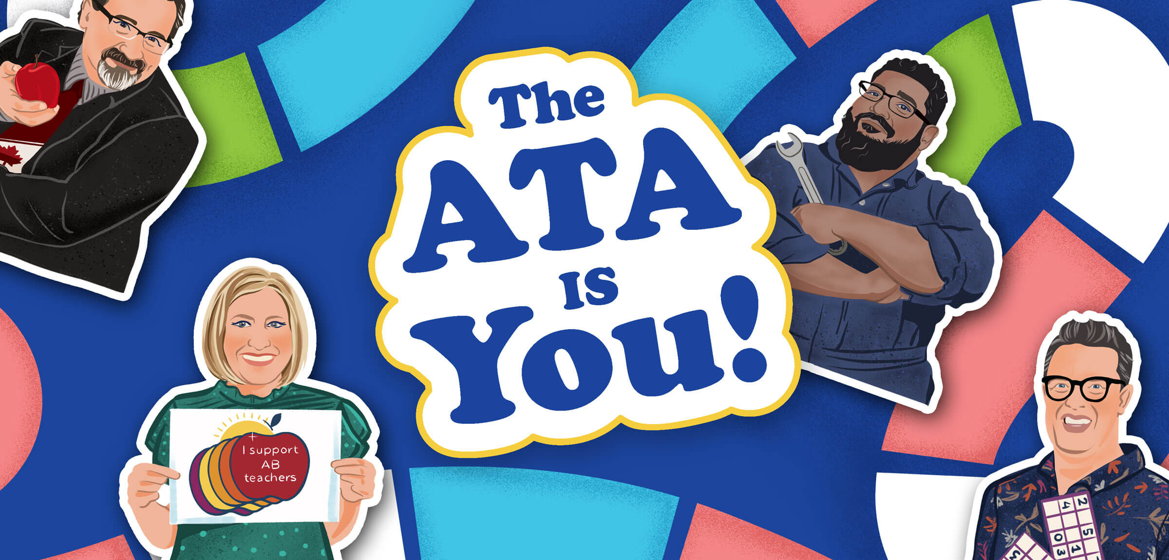 A colourful boardgame with a dark ATA Blue background. The words "The ATA is you!" are in bold, rounded text. Illustrated player tokens are scattered around the board.