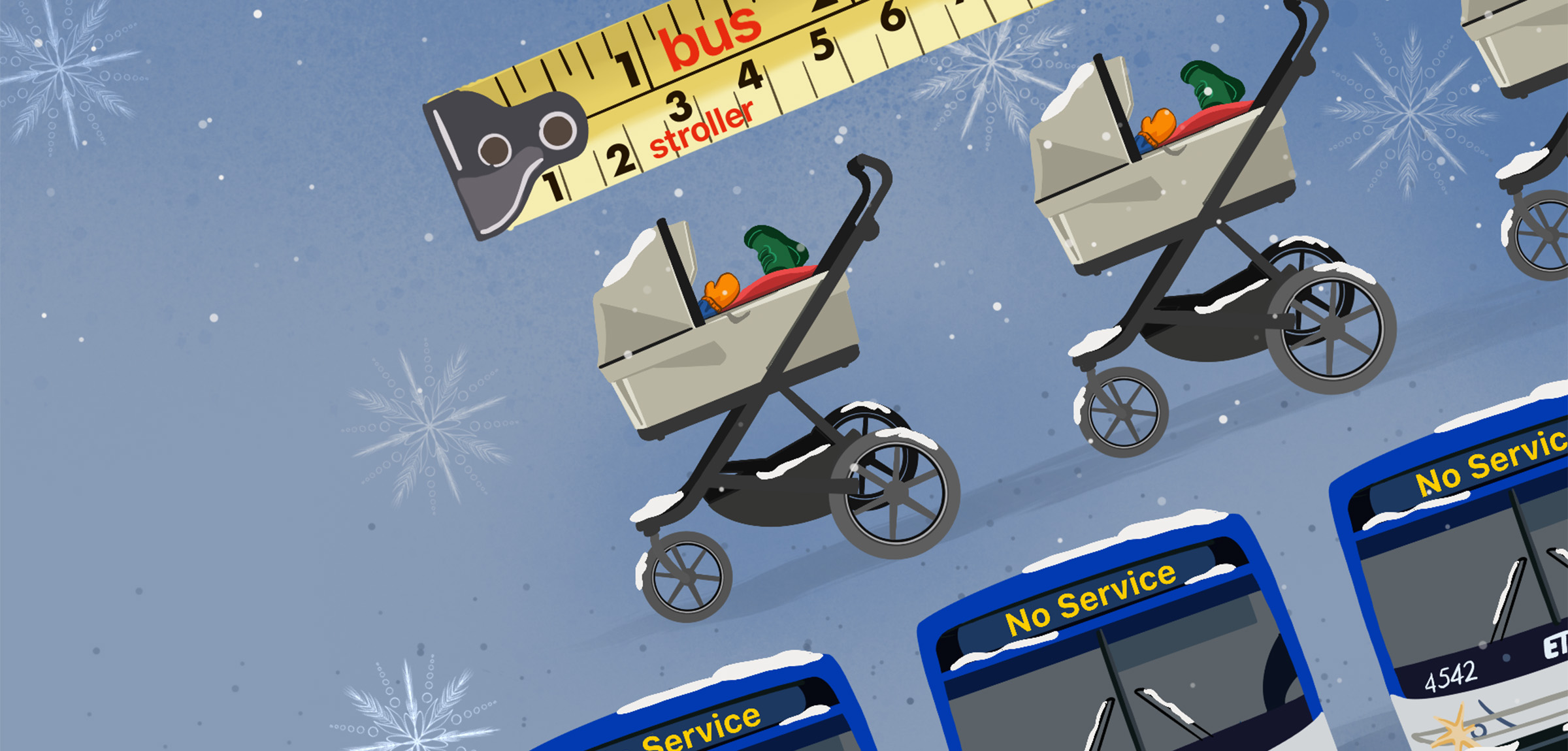 Illustrative collage of a measuring tape and baby stroller and a bus