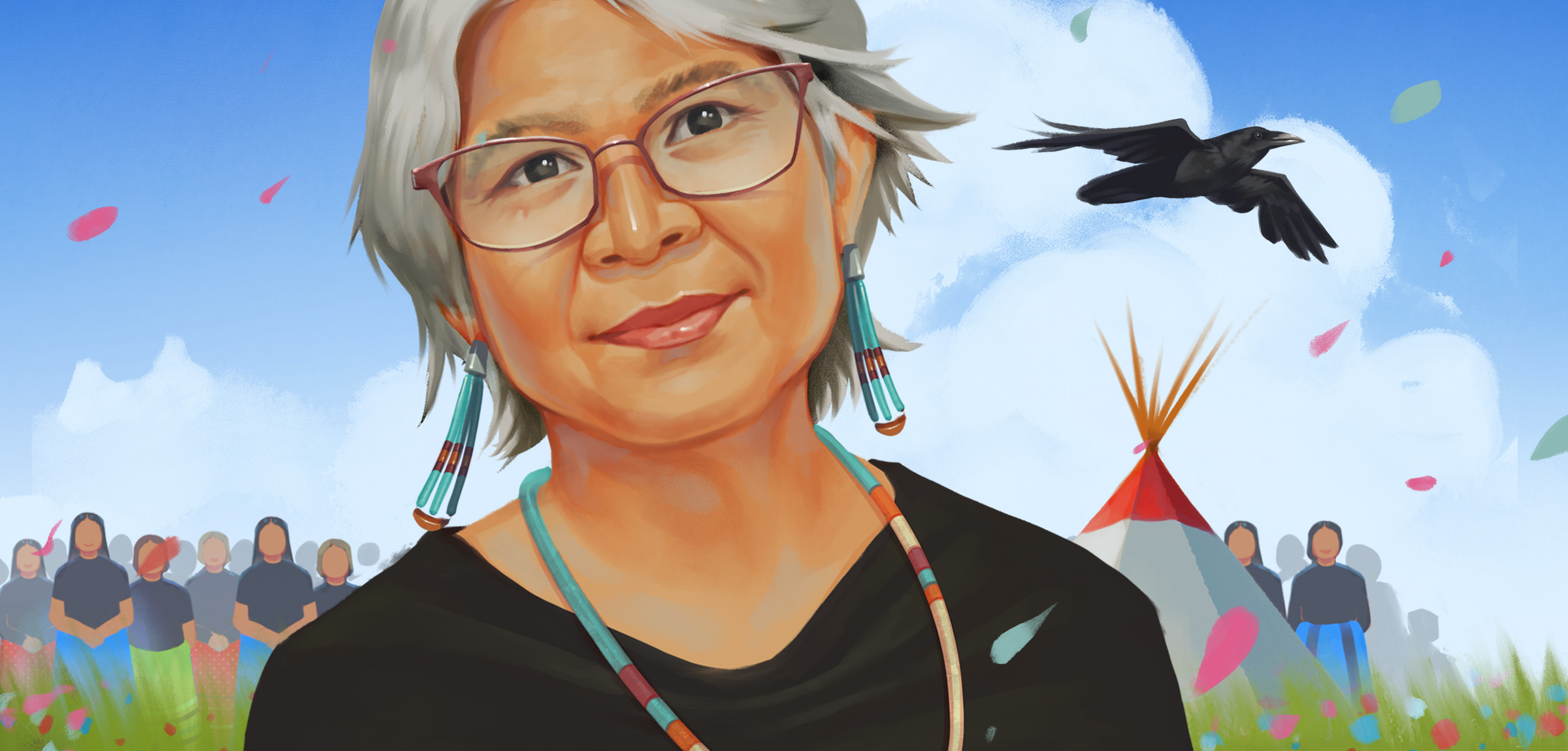 UnsungHero_Main_Spring105-3_mvp-WEB An illustration of Valerie McDougall in front of her community, a teepee and a flying raven that symbolically represents her family.