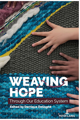 A book cover with three children's hands of various skin tones touching an eclectic woven surface with many colours and textures. 