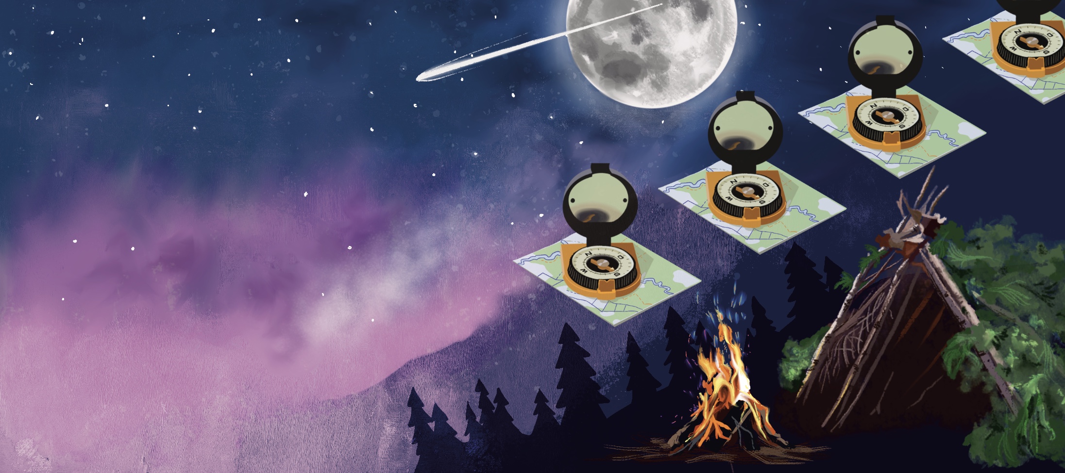 Illustration of a camping trip under stars