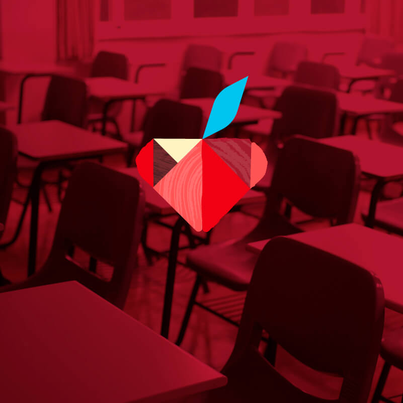 Red tinted classroom with Progress Not Promises campaign graphic