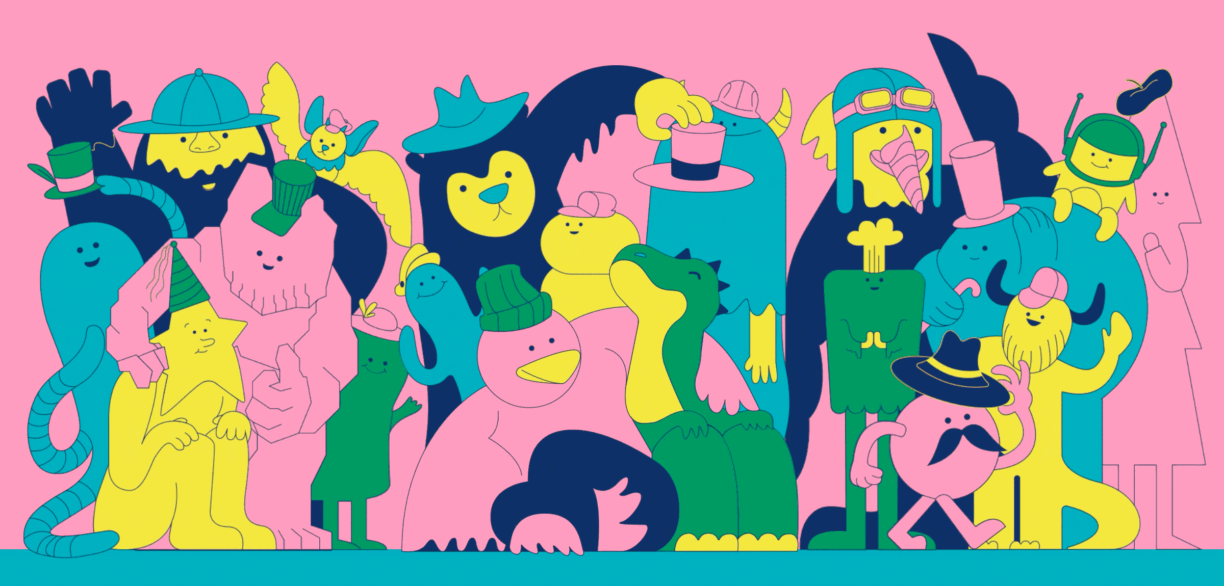 A group of characters waving on the screen. All of them wearing hats.