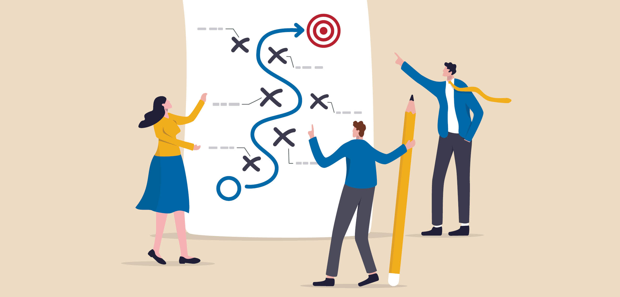 A graphic depicting three individuals looking at a poster