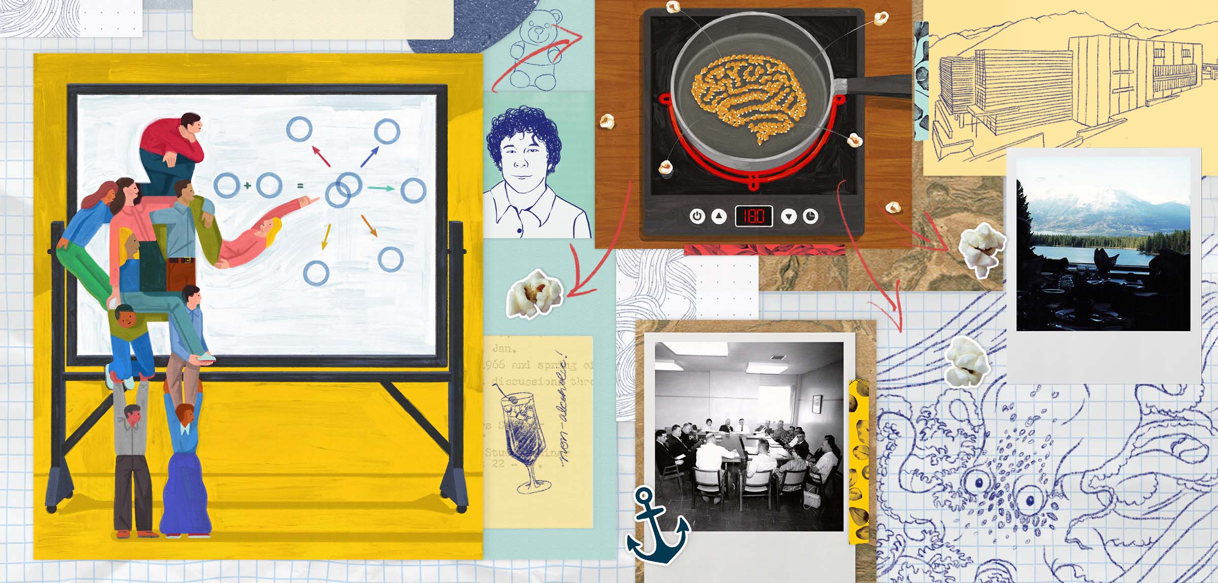 Collage illustration, of people melded into one person at a blackboard