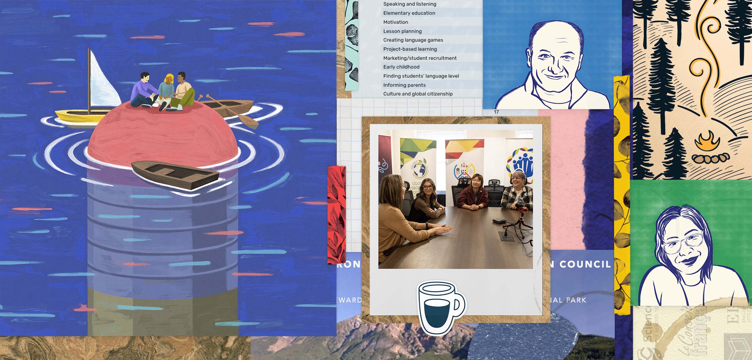 Collage of Teachers on a small island, campfire and coffee
