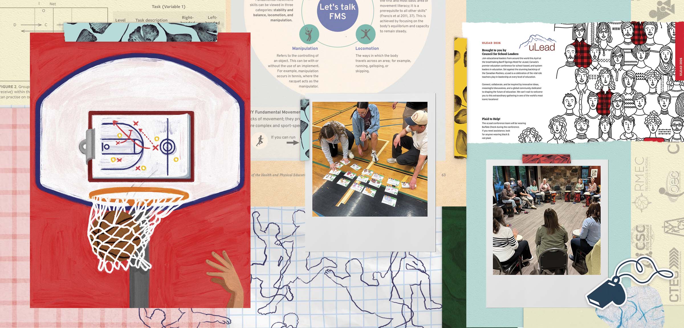 Basketball net collage with teacher showing students a game plan