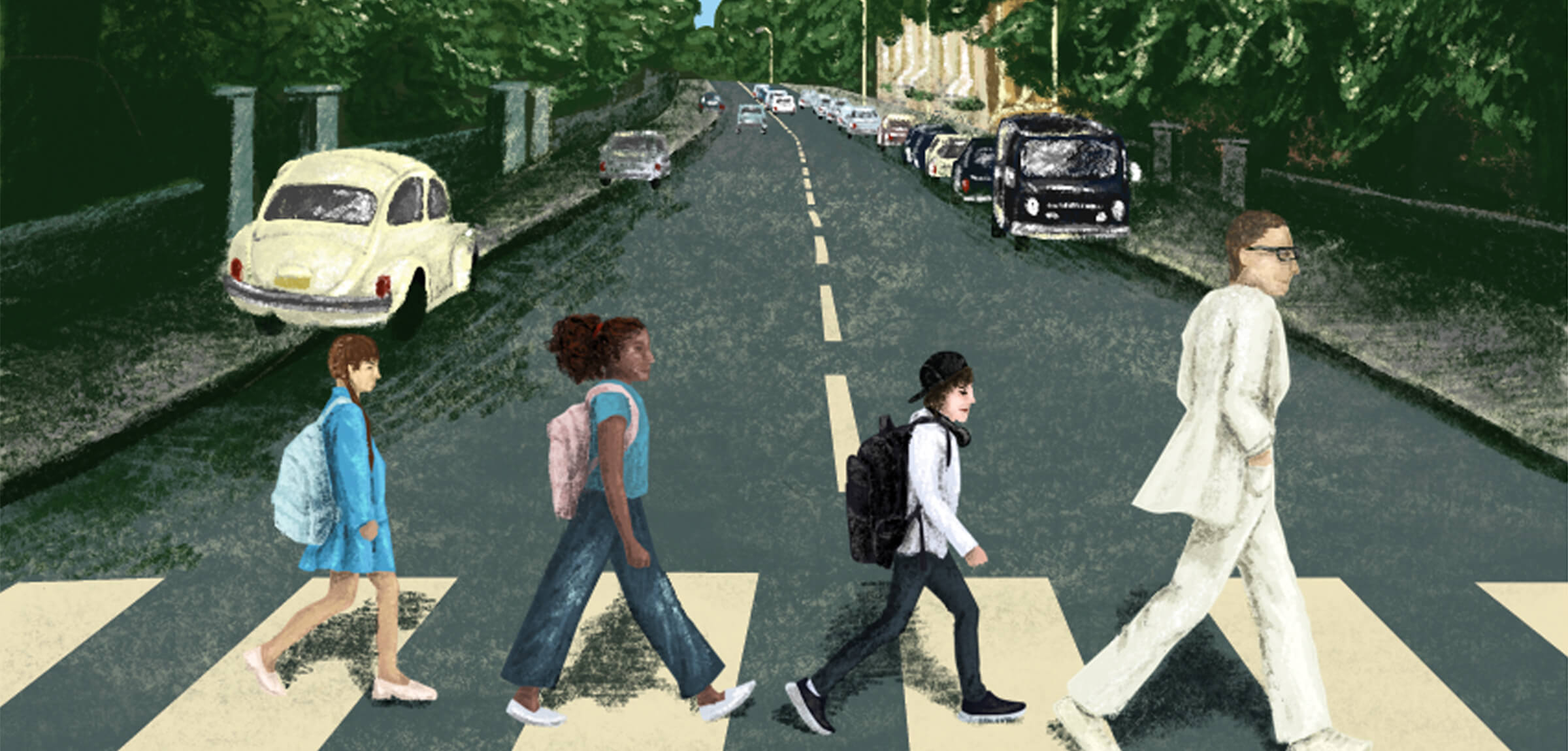 A teacher leads three children cross walk in the same style of The Beatles Abbey Road album cover