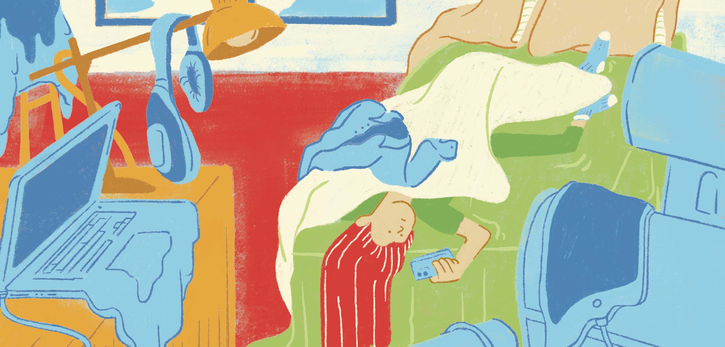 Kid laying on bed looking at phone