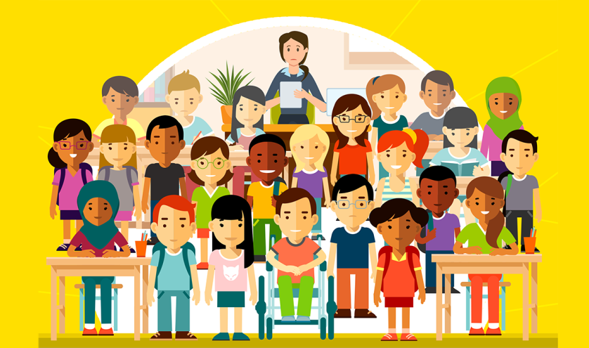 Illustration of many students and a single worried teacher in a classroom