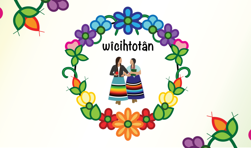 Illustration of two women wearing ribbon skirts circled by wreath of flowers