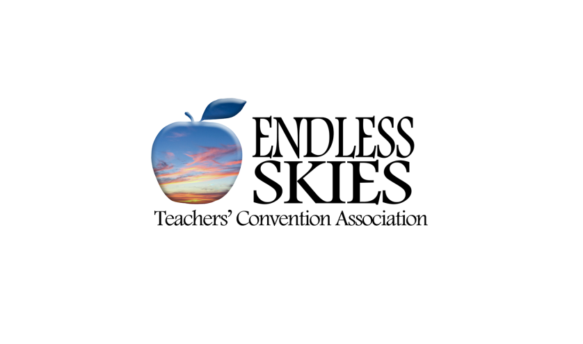Endless Skies Teacher Convention Association logo of a blue, yellow and orange sunset framed in an apple shape 