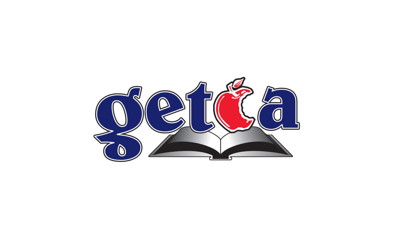Greater Edmonton Teachers' Convention Association logo of a red apple replacing the c in the acronym with sitting atop of a book