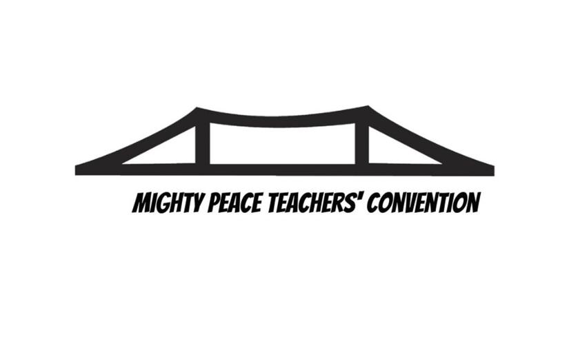 Black and white graphic of a bridge with Mighty Peach Teachers' Convention underneath