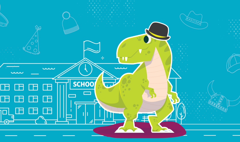 Dinosaur standing in front of a school with a hat on