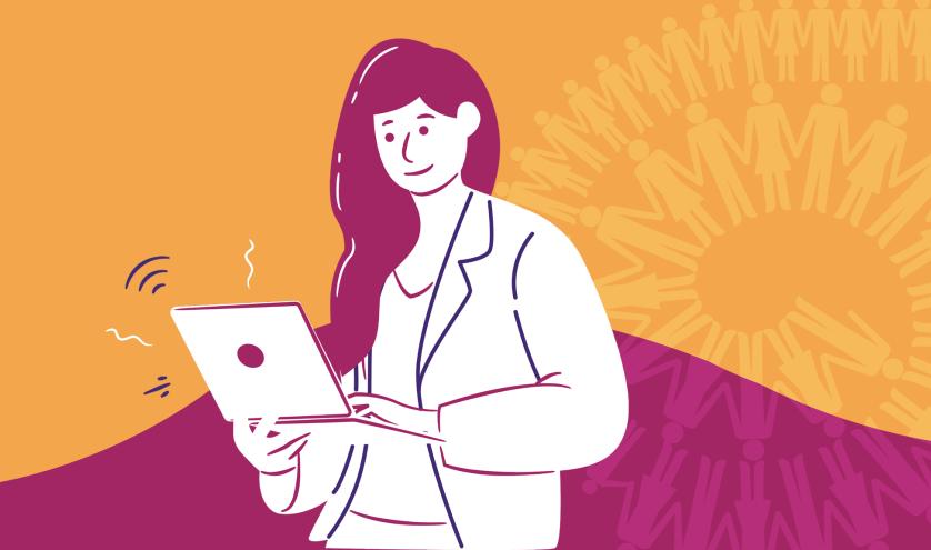 Line illustration of a women holding a laptop in front of an orange and pink background