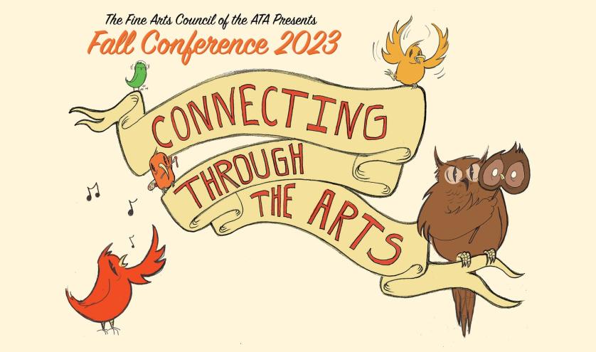 Birds sit on a banner with title of Fine Arts Council conference, Connecting through the arts