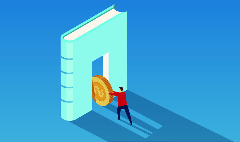 Illustration of a person pushing a coin through a standing book