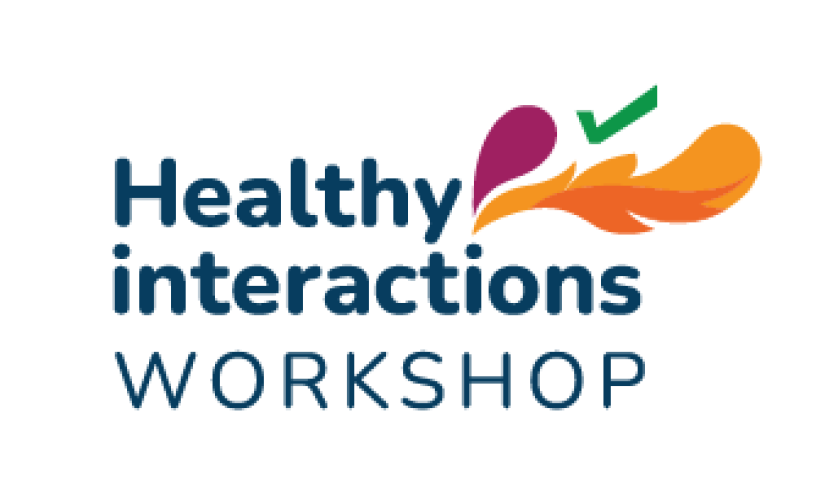 Dark blue text reading "Healthy interactions workshop," each word under the other. At the top next to the word "healthy" is an orange feather and a green check mark.