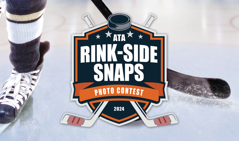 Emblem with contest name Rink-Side Snaps , Hockey skates and stick in background