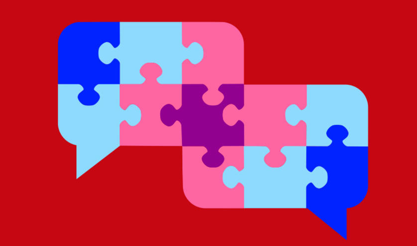 Cartoon image of puzzle pieces in speech bubbles