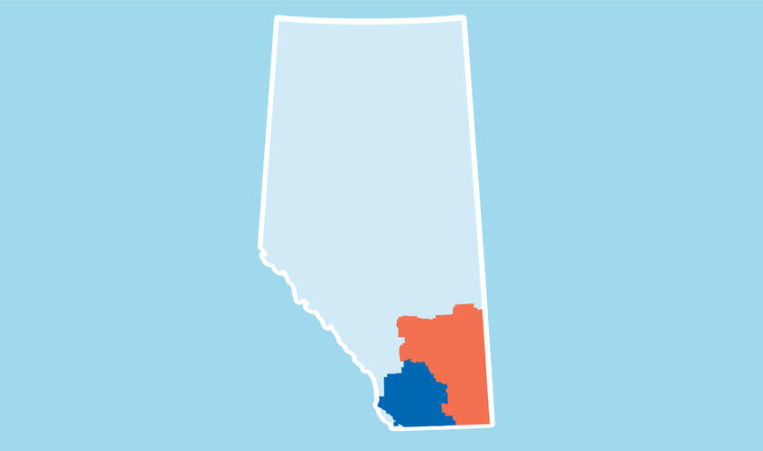 Map of Alberta with Southern area districts highlighted