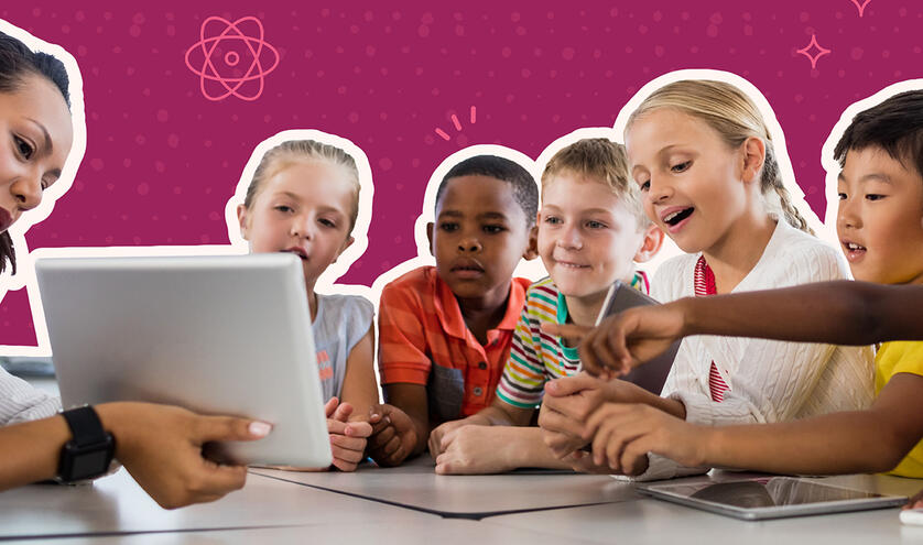 Children pointing at a tablet held by a substitute teacher