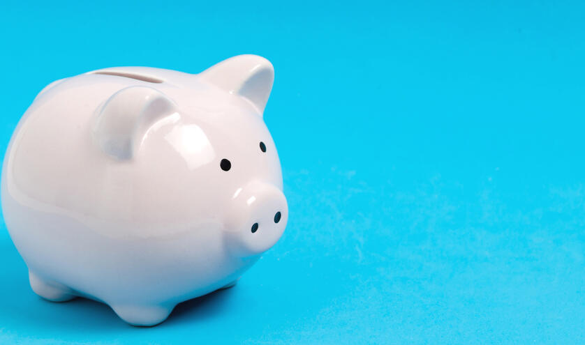 a light blue background with a white piggy bank in the foreground