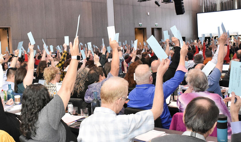 ARA delegates raise their hands in a vote