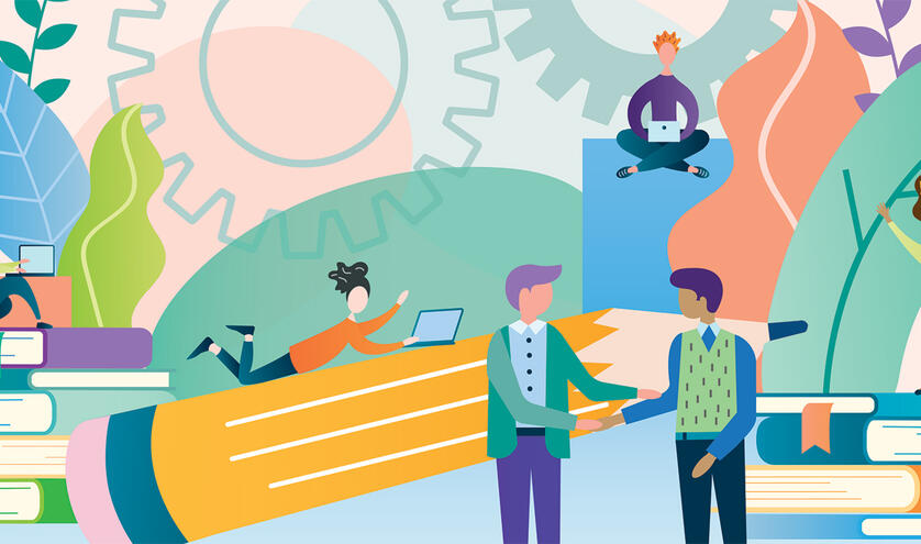 Illustration of teacher handing off classroom to sub