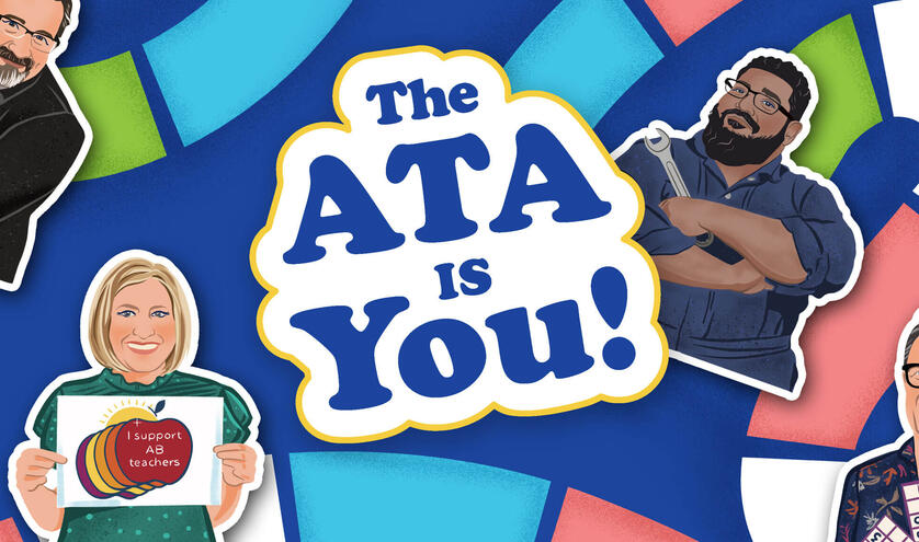 A colourful boardgame with a dark ATA Blue background. The words "The ATA is you!" are in bold, rounded text. Illustrated player tokens are scattered around the board.